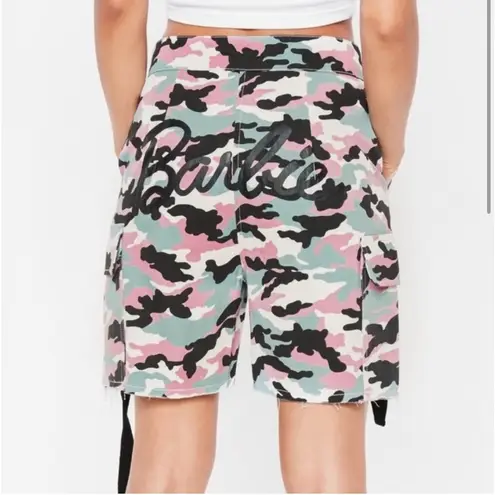 Missguided Barbie high rise pink camouflage high rise raw hem retro army shorts