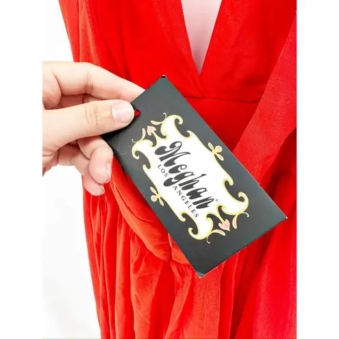 Meghan LA Enchanted Garden Flame Orange Plunge Neck Maxi Slip Dress Size M New