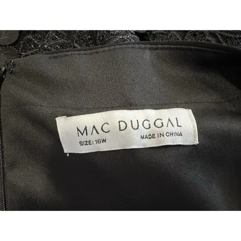 Mac Duggal 67896 Wrap Over Long Sleeve Lace Applique Black Trumpet Gown 16W NWOT