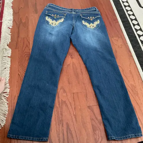 Moto Blues Embellished Jeans Size 14 Dark Wash Denim Studded Pockets Y2K Blue