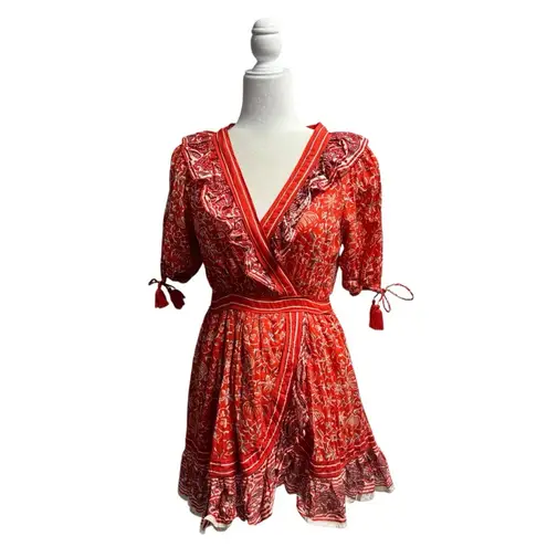 Cleobella Blair Tassel-Cuff Ruffle Short Sleeve Mini Dress Floral Orange Small S