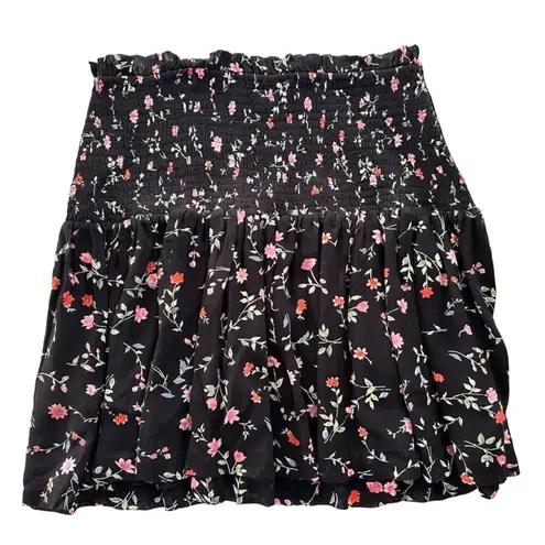 Ganni Elm Shirred Floral Black Georgette Mini Skirt Size 40 US 10 Smocked Waist