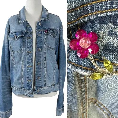 Vintage Flower Brooch & Mossimo Denim Jacket Size XXL Bohemian Fall Distressed Blue