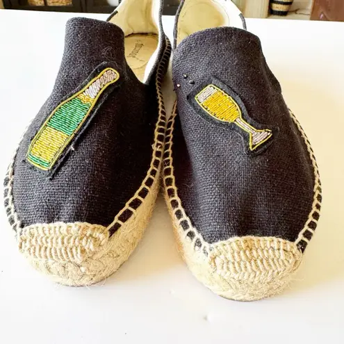Soludos Black Canvas Espadrille Party Champagne Embroidered Size 9 Wedding Toast