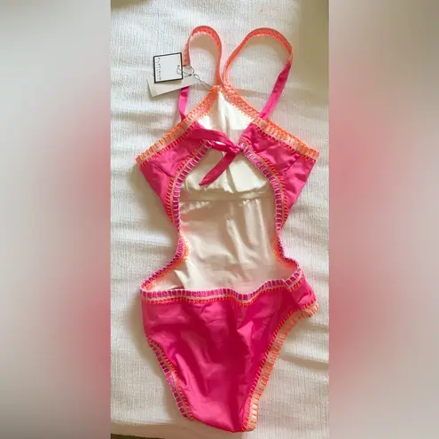 NWT PQ Swim Crochet Trim High Neck One Piece Pink Orange White Size Small