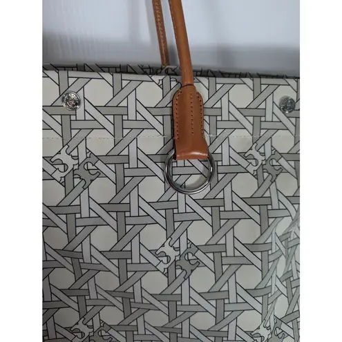 Tory Burch  Canvas Basketweave Tote New Ivory Cotton Leather Handles Medium Size