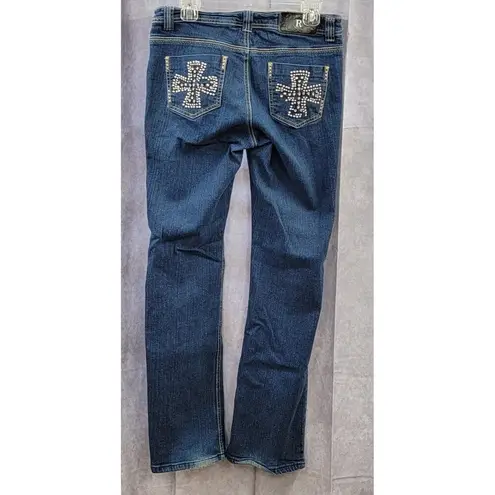 Reba Straight Leg Embellish Jeans Rhinestone Embroidered Dark Wash Size 6