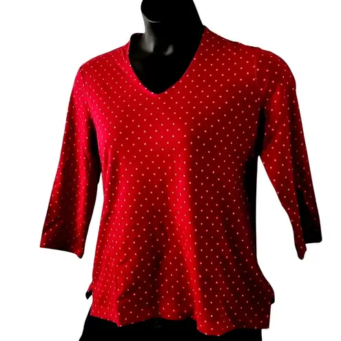 Isaac Mizrahi Live! Red Polka Dot 3/4 Sleeve Pima Cotton Top Size Medium NWOT