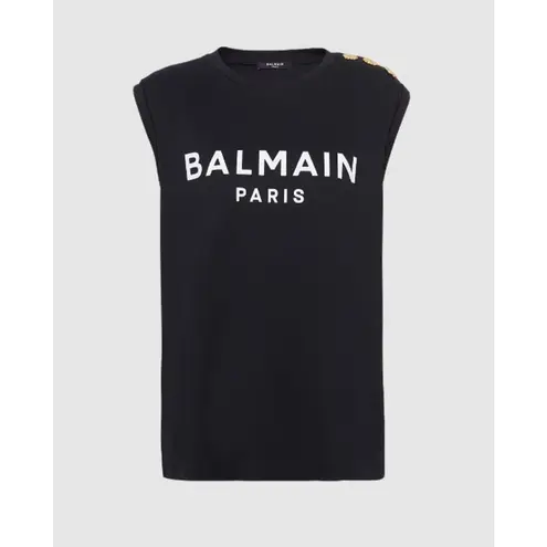 Balmain Paris Poplin Cotton Embossed Gold Metal Buttons Tank Top Black Womens 36