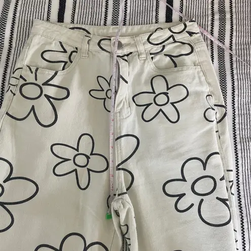 Bailey Rose Floral Print Jeans Small White Denim Flower Wide Leg Retro Eclectic Black Size 26