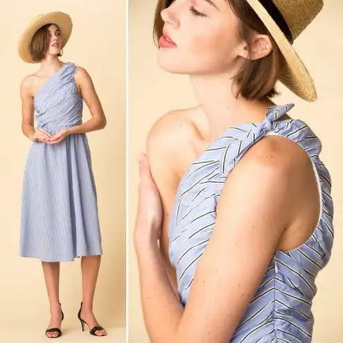 ALC Frank ALC Blue Striped Cabrera One Shoulder Midi A Line Knee Length Dress US 0