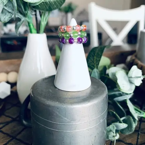 Y2K 90s set of 3 boho stretchy stackable beaded elastic rings - Image 2