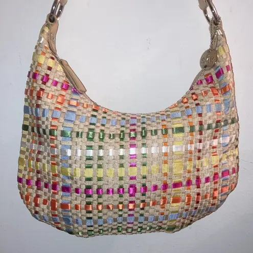 The Sak Tan, Green, Pink, White, Orange, Blue Striped Woven Ribbon Purse