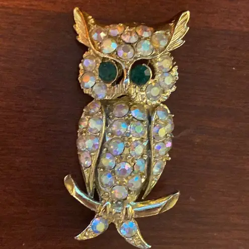 Vintage Aurora Borealis Rhinestone Owl Brooch Pin Gold