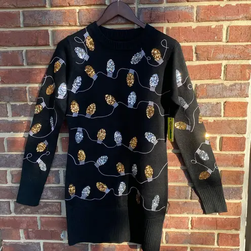 Tipsy Elves SMALL WOMEN'S CHRISTMAS LIGHT STRAND SEQUIN SWEATER DRESS BLACK KNIT