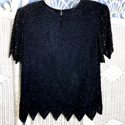 Vintage 80s Denise Elle Black Beaded Silk Top S Art Deco Sequin Evening Blouse Size L