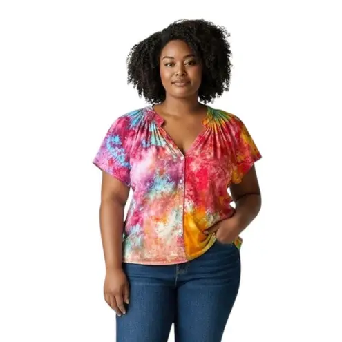Velvet Heart Large Top Handmade Tie Dye Short Sleeve Rainbow Festival Boho 1739