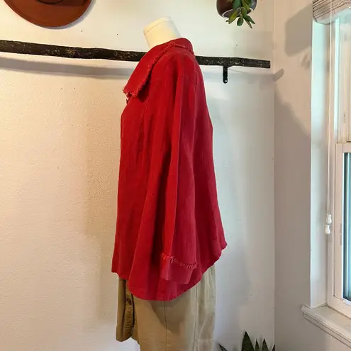 Flax Red 100% Linen Textured Fringe Trim Oversized Button Front Jacket Size 1X