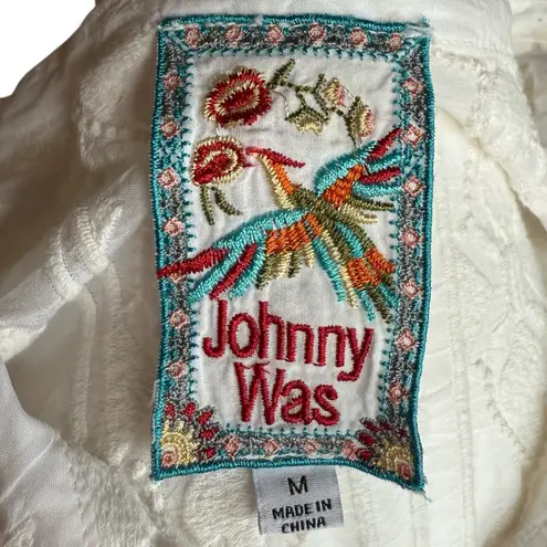 Johnny Was  White Embroidered Long Sleeve Sheer‎ Blouse Sz M
