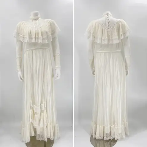 Gunne Sax White Ivory Lace Gown Maxi Bridal High Neck Ruffle Buttons