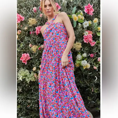 Skies Are Blue Floral Print Crossed Neck Full Length Long maxi Dress Size Small