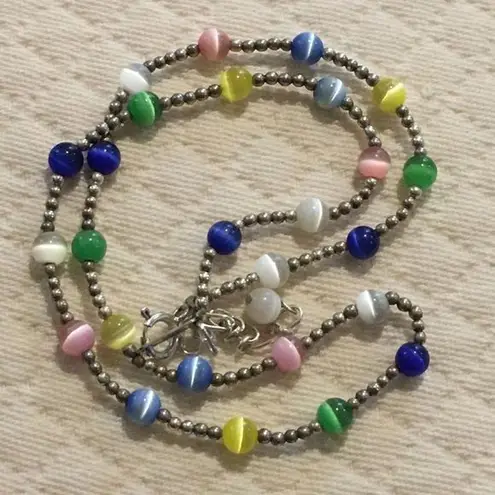 Sterling Silver VTG Multicolor Cats Eye Station Beaded Choker Necklace Extension - Image 1