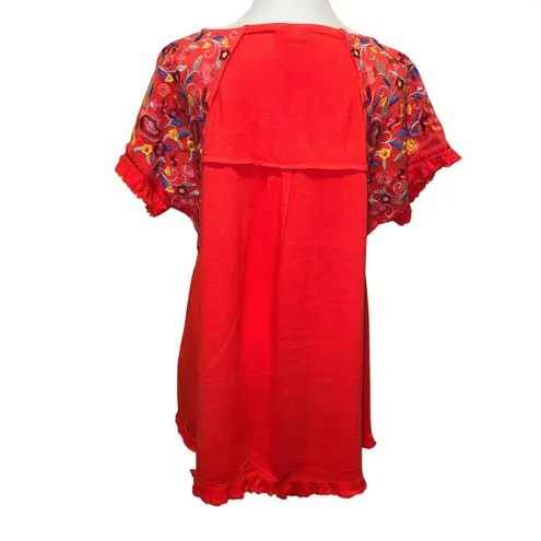 Umgee  Fiesta Linen Blend Orange Floral Embroidered Swing Shirt Oversized Size S