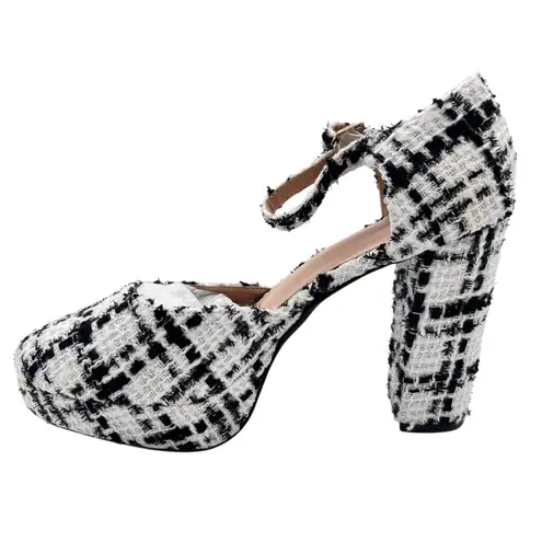 Allegra K NEW Platform Heels Women 8 Tweed Ankle Strap Chunky Block Pump