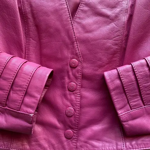 Vintage 80s Yucatan Bay Pink 2 Piece Leather Mini Skirt Jacket Matching Suit Set