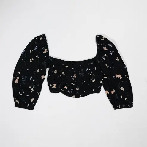 Wilfred Free NEW Wilfred Aritzia Lolita Black Apricot Floral Print Ruched Cropped Top Blouse