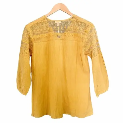 Garnet Hill NWT Top Organic Cotton Lace Trim Peasant Blouse Yellow Size 2 NEW