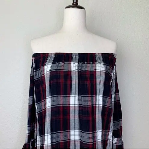 FOR THE REPUBLIC Plaid Off Shoulder Bell Sleeves Peplum Top