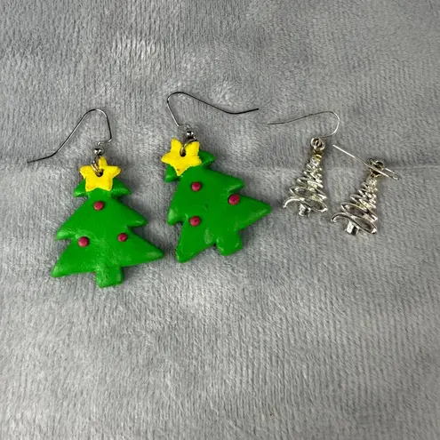 Christmas Tree Drop Earrings Set Of 2 Handmade Polymer Clay & Silver