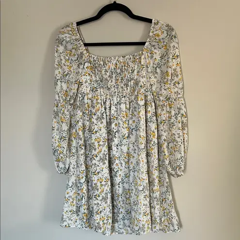Exlura Chic Floral Long Sleeve Dress in White and Yellow