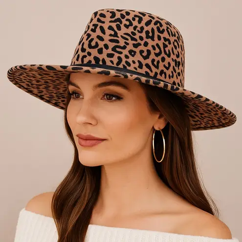 NWT Olive & Pique Leopard Print Wool Wide Brim Fedora Hat Tan Black Boho Fall