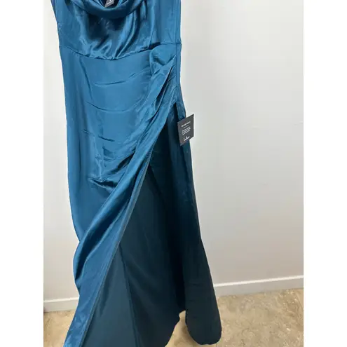 Lulus Stunning Arrival Dark Teal Satin Off The Shoulder Maxi Dress Formal XL NWT Blue