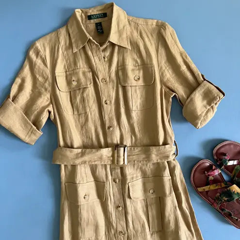 Ralph Lauren Lauren  Safari Linen Khaki Collared Button Front Belted Shirt Dress