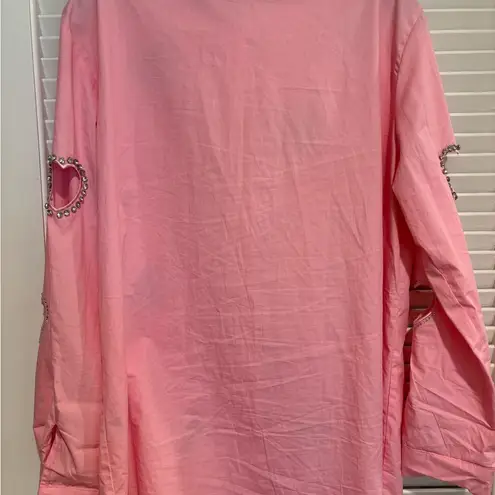 Pink Heart Cutout Rhinestone Embellished Long Sleeve Button