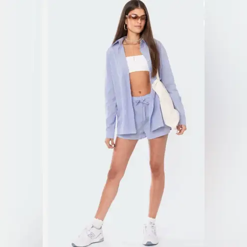 Edikted Mid-Rise Elastic Drawstring Waist Pinstripe Shorts Size XS Blue & White