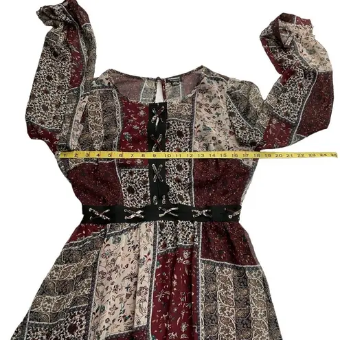 Hommage Women's Patchwork Long Sleeve Mini Dress Size Medium Red Black Tan