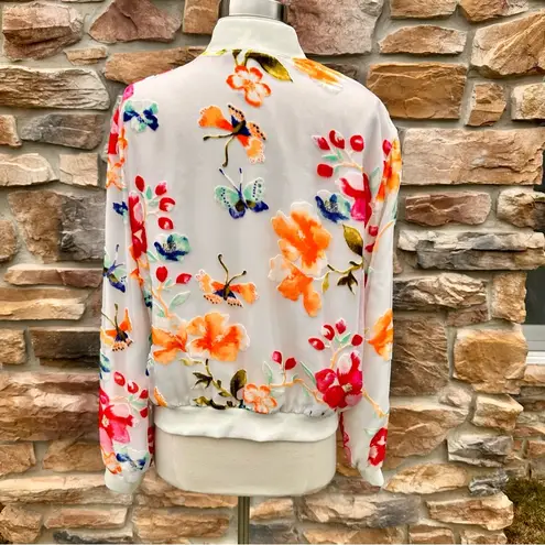 INC International Concepts White with Velvet Flowers Bomber Jacket Size L