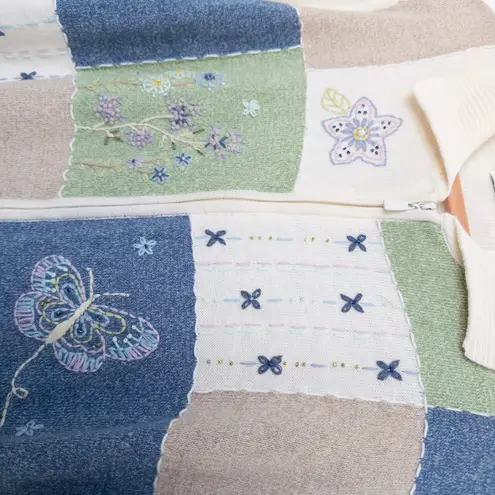 VTG Alfred Dunner Womens Sweater Size S Cream Butterfly Floral Cottage Patchwork