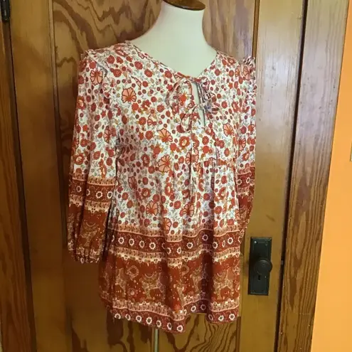 Bright Orange Floral Hippie Chic Peasant Top White
