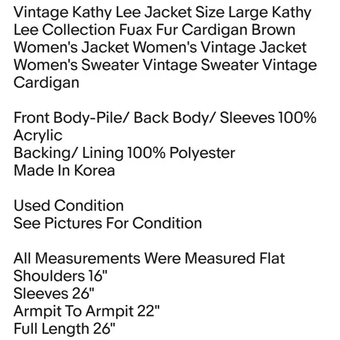 Kathie Lee Collection Vintage Kathie Lee Jacket Size Large Fuax Fur Cardigan VTG Women's Jacket