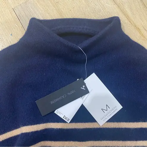 Magaschoni mock neck 100% cashmere stripe sweater in navy