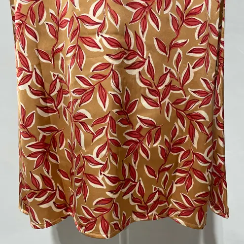Denim & Co New Leaf Print Satin Long Sleeve Cowl Neck Blouse Tan Red Size Medium