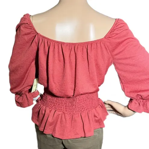 New MERAKI Orange Boho Blouse Women’s Top Button Accents Cinched Waist Sz M Size M