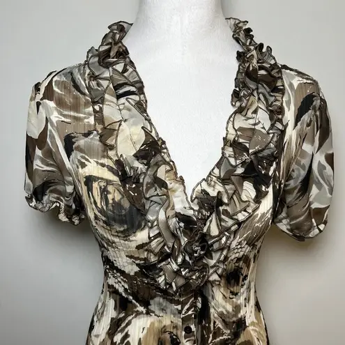 East 5th Y2K Ruffle Blouse Brown Black Size Large Office Siren Business Casual Floral 90s