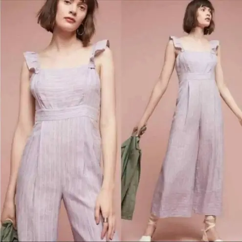 Elevenses Anthropologie Nantucket Ruffled Striped 100% Linen Jumpsuit Size 14
