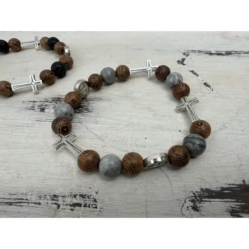Men's Natural Stone Bracelet Set – Lava Rock, Wood Beads & Cross Charms 3 Pack